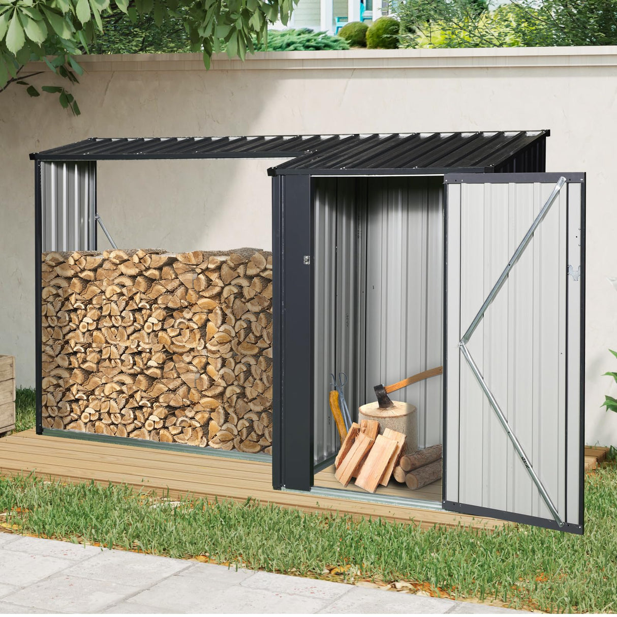 YOPTO 106.5" Outdoor Steel Firewood Rack Metal Storage Shed with Door and Reinforced Base,Multi-Functional 2 in 1 Waterproof Cabinet W/Roof,for Equipment Machines,Black YOPTO