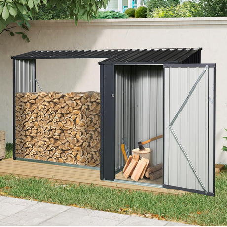 YOPTO 106.5" Outdoor Steel Firewood Rack Metal Storage Shed with Door and Reinforced Base,Multi-Functional 2 in 1 Waterproof Cabinet W/Roof,for Equipment Machines,Black YOPTO