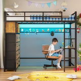 ADORNEVE Twin Size Loft Bed with Desk and 8 Storage Drawers, Metal Kids Loft Bed Twin with LED Lights & Charging Sation, Storage Shelves, 13.1" H Safety Guard & Ladder, Rustic Brown ADORNEVE