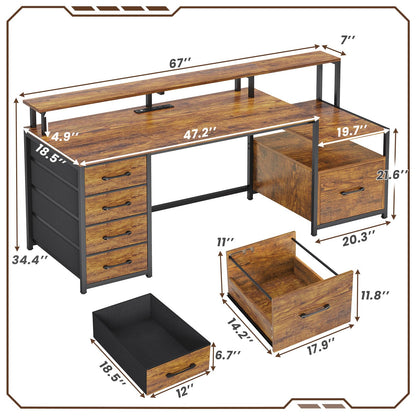 SEDETA Home Office Desk with File Drawer & Power Outlet, 66'' Computer Desk with 5 Drawer, Storage Shelves, Printer Cabinet and Monitor Shelf, Gaming Desk with Led Lights, Rustic Brown - WoodArtSupply