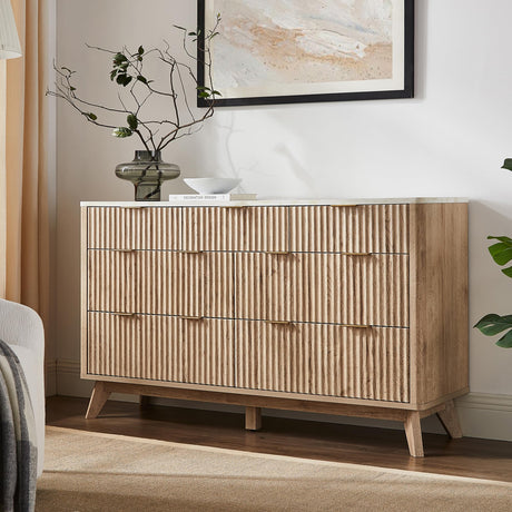 T4TREAM Fluted 7 Drawers Dresser, 54" Wide Modern Chest of Drawers with Faux Marble Top, Curved Profile Design, Dresser TV Stand, Wood Drawer Organizer for Bedroom, Living Room, Hallway, Natural Oak T4TREAM