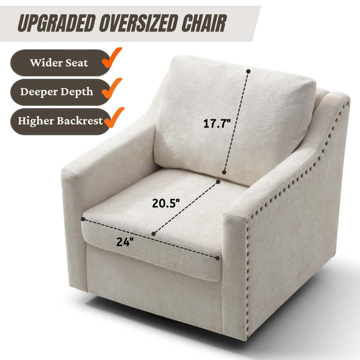 Oversized Swivel Accent Chair,Chenille Fabric Large Comfy Reading Chairs,Mid Century Modern Living Room Chair,Wide Arm Chair with Thick Soft Cushion,Single Sofa Chair for Living Room,Bedroom Wunlerlant