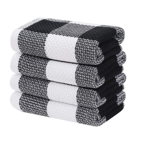 Homaxy 100% Cotton Waffle Weave Check Plaid Kitchen Towels, 13 x 28 Inches, Super Soft and Absorbent Dish Towels for Drying Dishes, 4-Pack, White & Black Homaxy