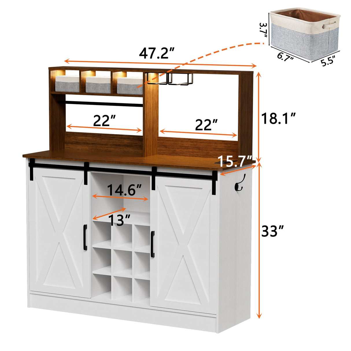 PAKASEPT Coffee Bar Cabinet with Adjustable 20-Color LED Lights and 6.5FT Outlet, Kitchen Buffet Storage Cabinet, 47'' Sideboard Buffet Cabinet with Sliding Barn Door, Adjustable Shelf and Wine Racks PAKASEPT