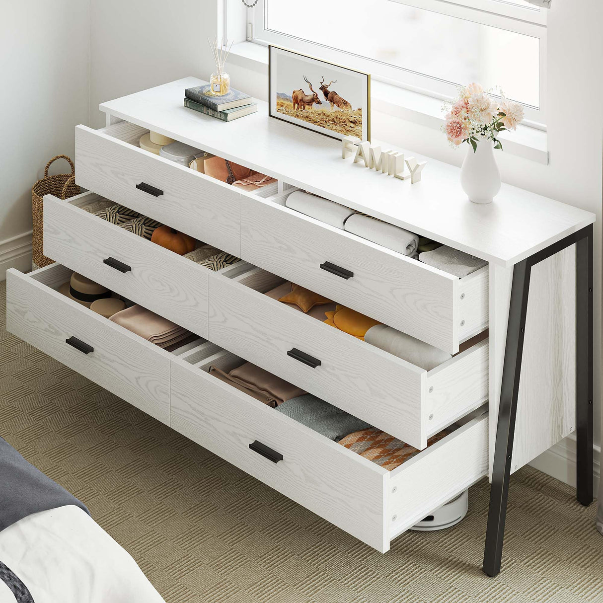 LIKIMIO 6 Drawer Double Dresser for Bedroom, 59" Chest of Drawers, White Dresser, TV Stand Large Storage Organizer Furniture in Living Room,Closet,Hallyway LIKIMIO