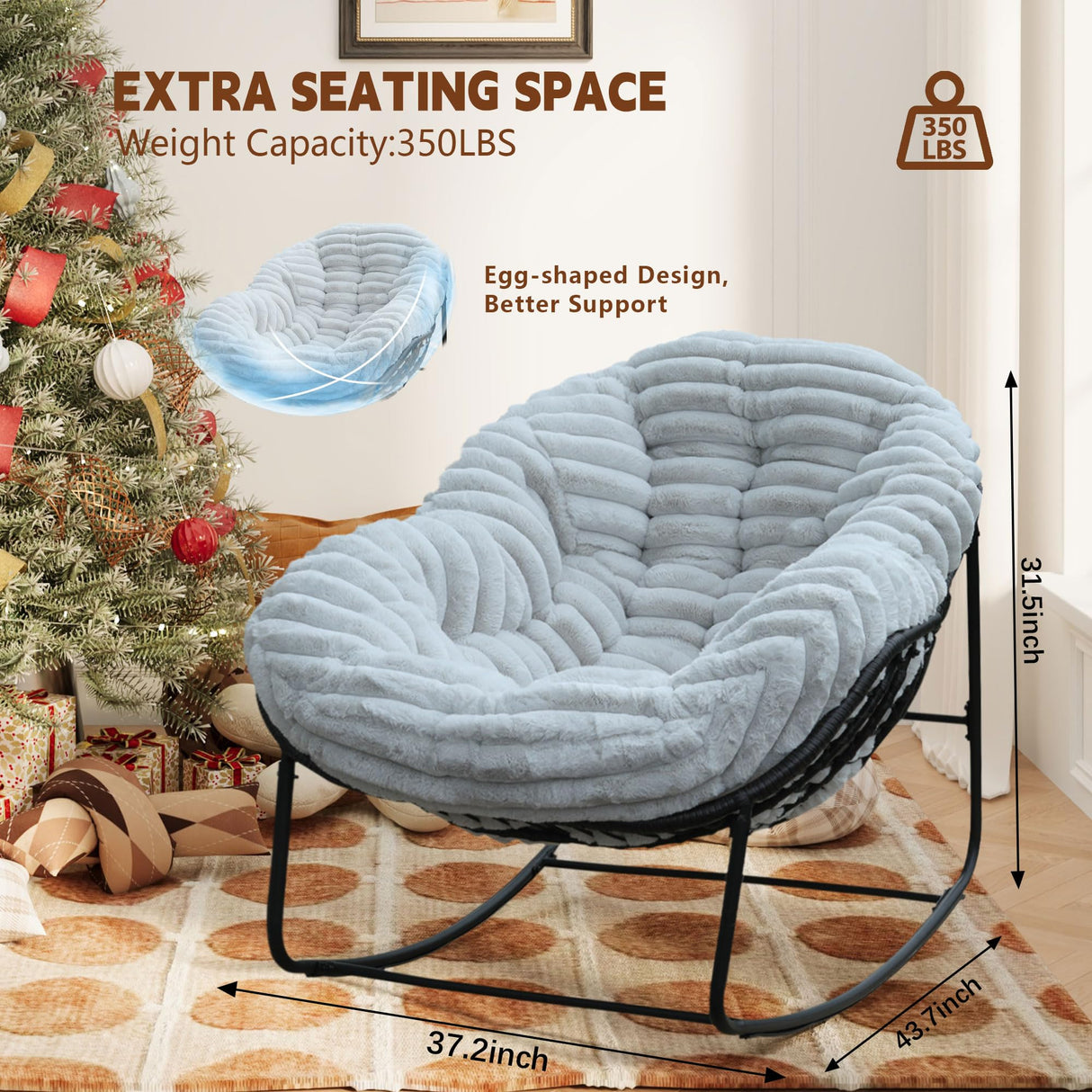 Naga Bahna Outdoor Rocking Chair, Patio Wicker Egg Chair, Indoor Comfy Oversized Papasan Chair with Padded Cushion, Royal Rattan Rocker for Front Porch, Garden, Patio (Light Grey) Naga Bahna