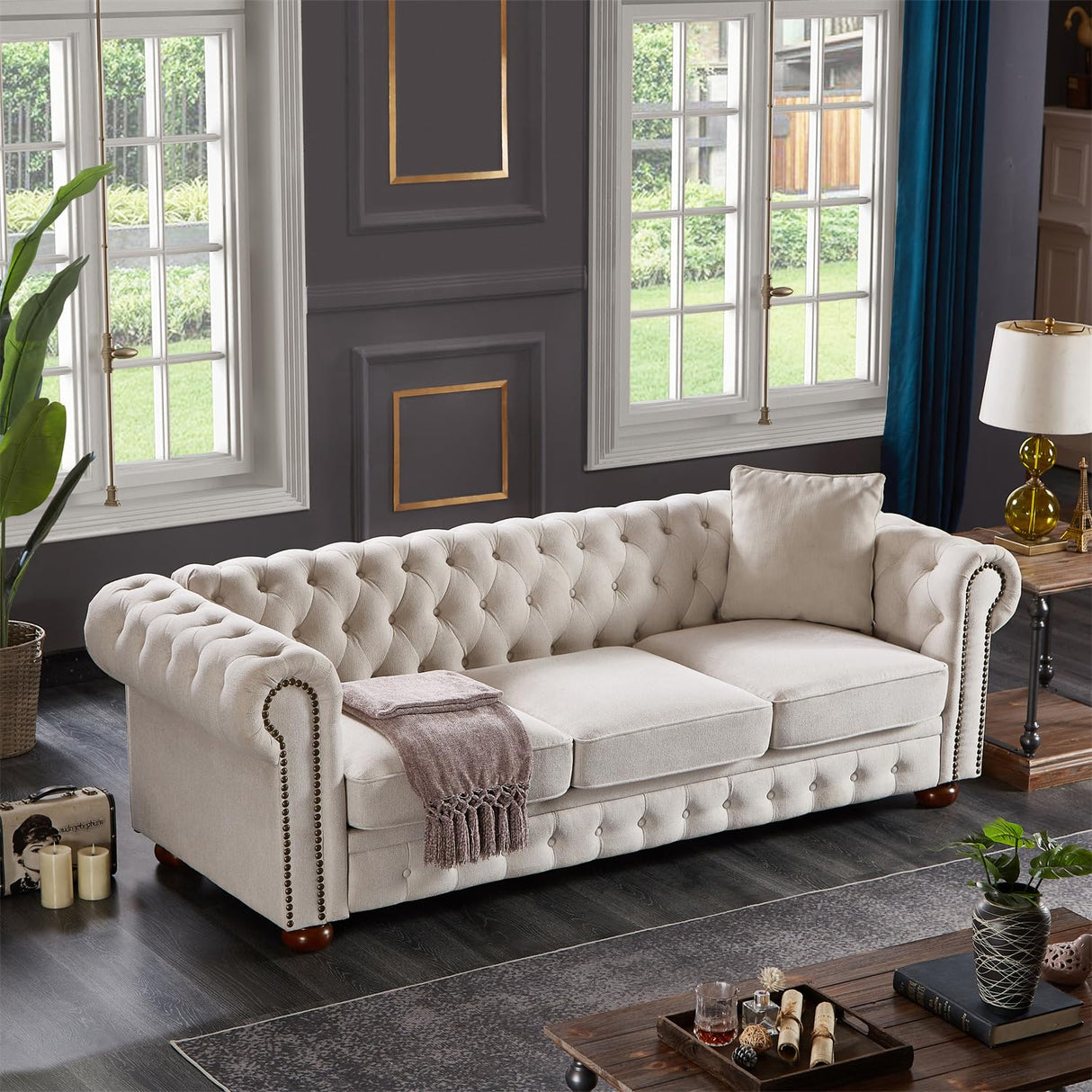 Harper & Bright Designs 3-Seat Chesterfield Sofa with Button Tufted, Nailhead Trim and Solid Wood Legs, Classical Linen Fabric Couch for Living Room, Office, Beige Harper & Bright Designs
