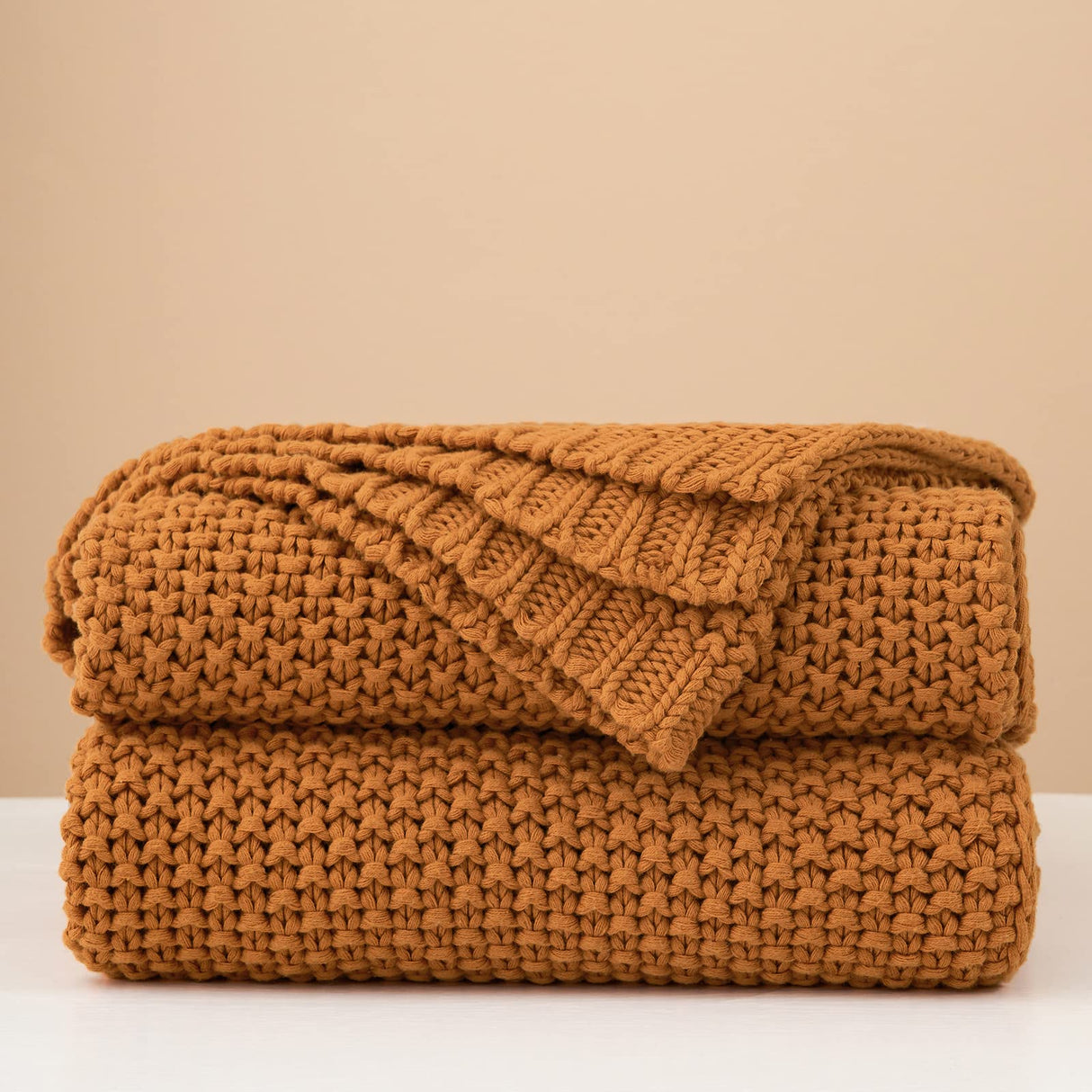 Chunky Cable Knit Throw Blanket Lightweight Burnt Orange 100% Organic Cotton Blanket for Sofa Couch Bed Baby Nursery, Rustic Shabby Chic Modern Farmhouse, 60” x 80” Give Laundering Bag Longhui bedding