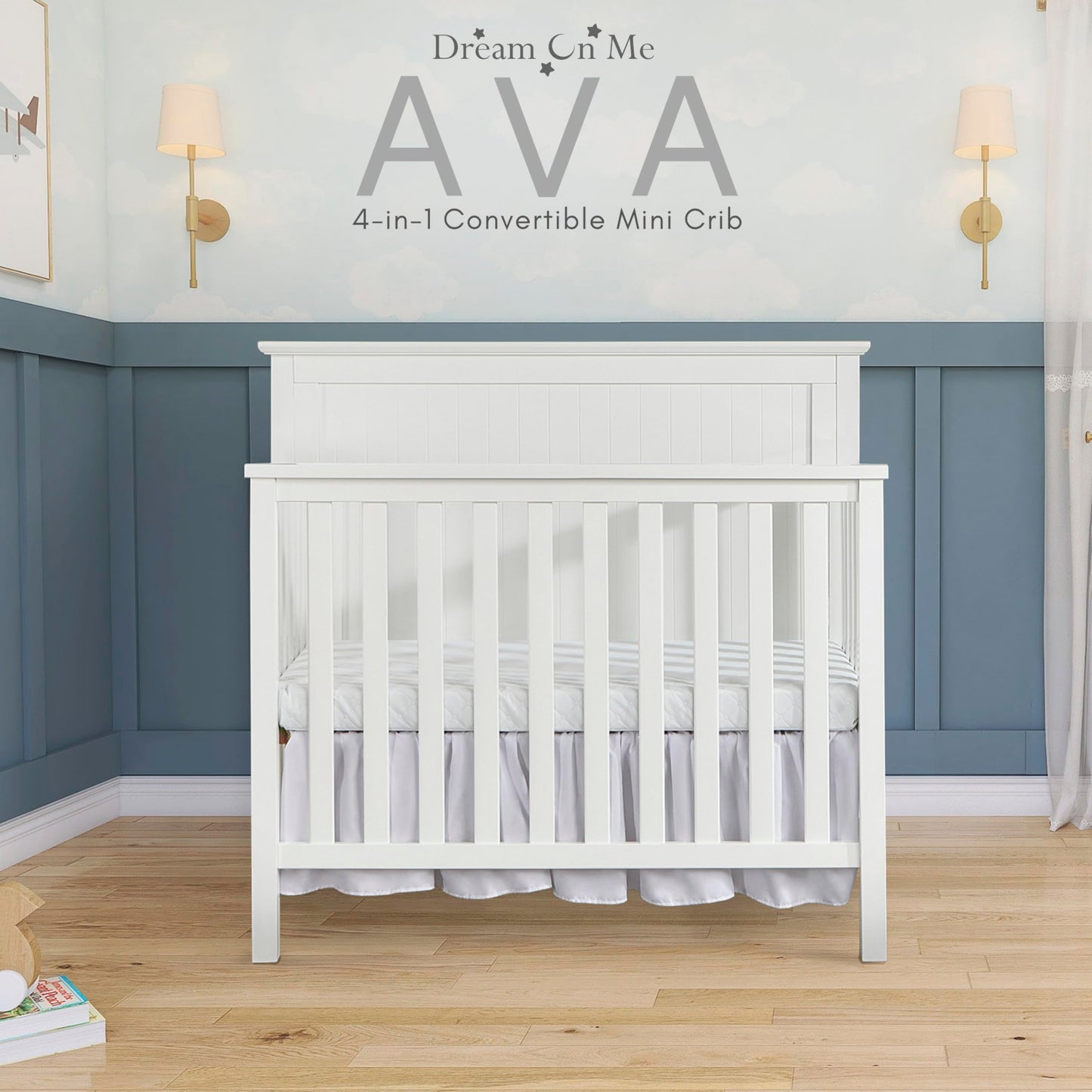 Dream On Me Ava 4-in-1 Convertible Mini Crib in White, Greenguard Gold Certified, Non-Toxic Finish, Comes with 1" Mattress Pad, with 3 Mattress Height Settings