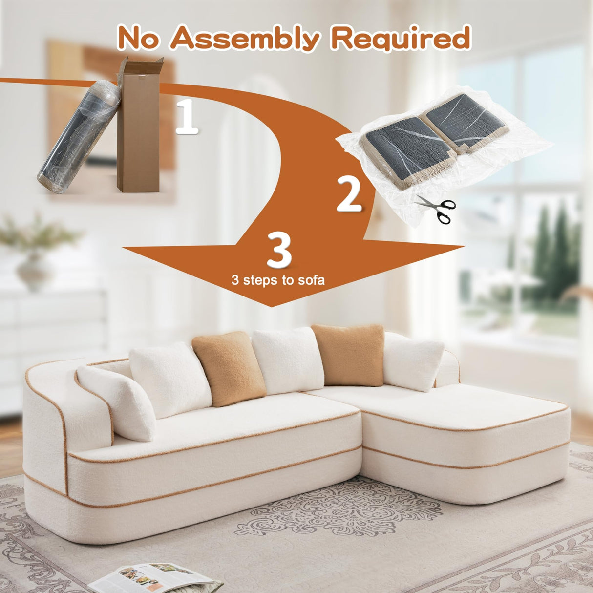 Zylena 106" 3-Seat Teddy Fabric No Assembly 32D High Density Sponge Boneless Sofa, Fluffy Comfy Couch with L-Shaped Chaise, for Living Room, White Zylena