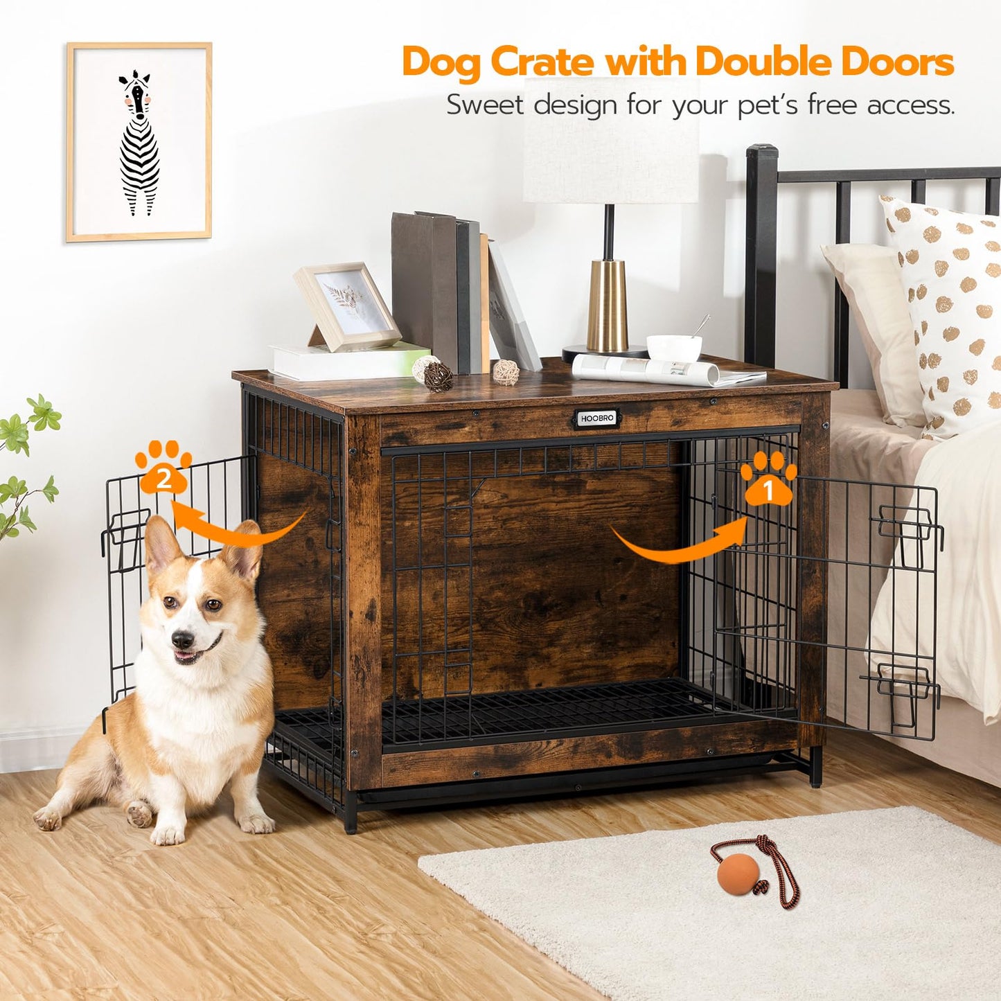 HOOBRO Dog Crate Furniture, Indoor Dog Kennel, Wooden Dog Furniture with Pull-Out Tray, Double Doors Dog House, Modern Side End Table for Medium/Large/Small Dog, 32.5" L, Rustic Brown BF802GW - WoodArtSupply