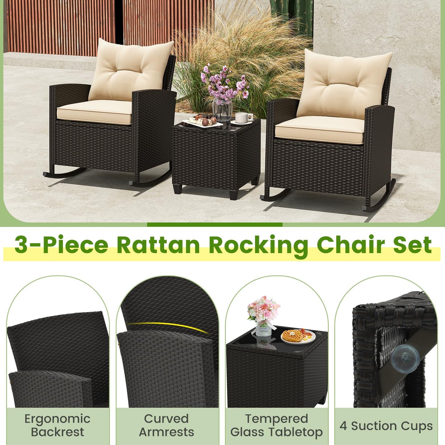 Tangkula 3 Piece Wicker Rocking Set, Patio Rattan Roker Chairs with Tempered Glass Table & Soft Cushions, Outdoor Furniture Set for Backyard, Poolside Porch (Beige) - WoodArtSupply