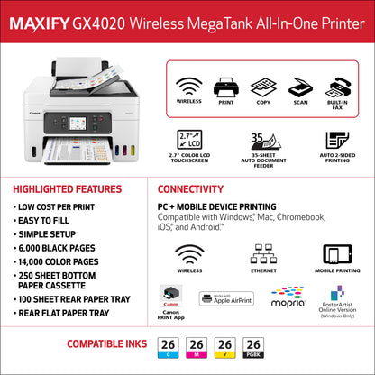 Canon Megatank GX4020 All-in-One Wireless Supertank Printer with Print, Copy, Scan and Fax | Auto Document Feeder | Mobile Printing | 2.7" LCD Touch Screen