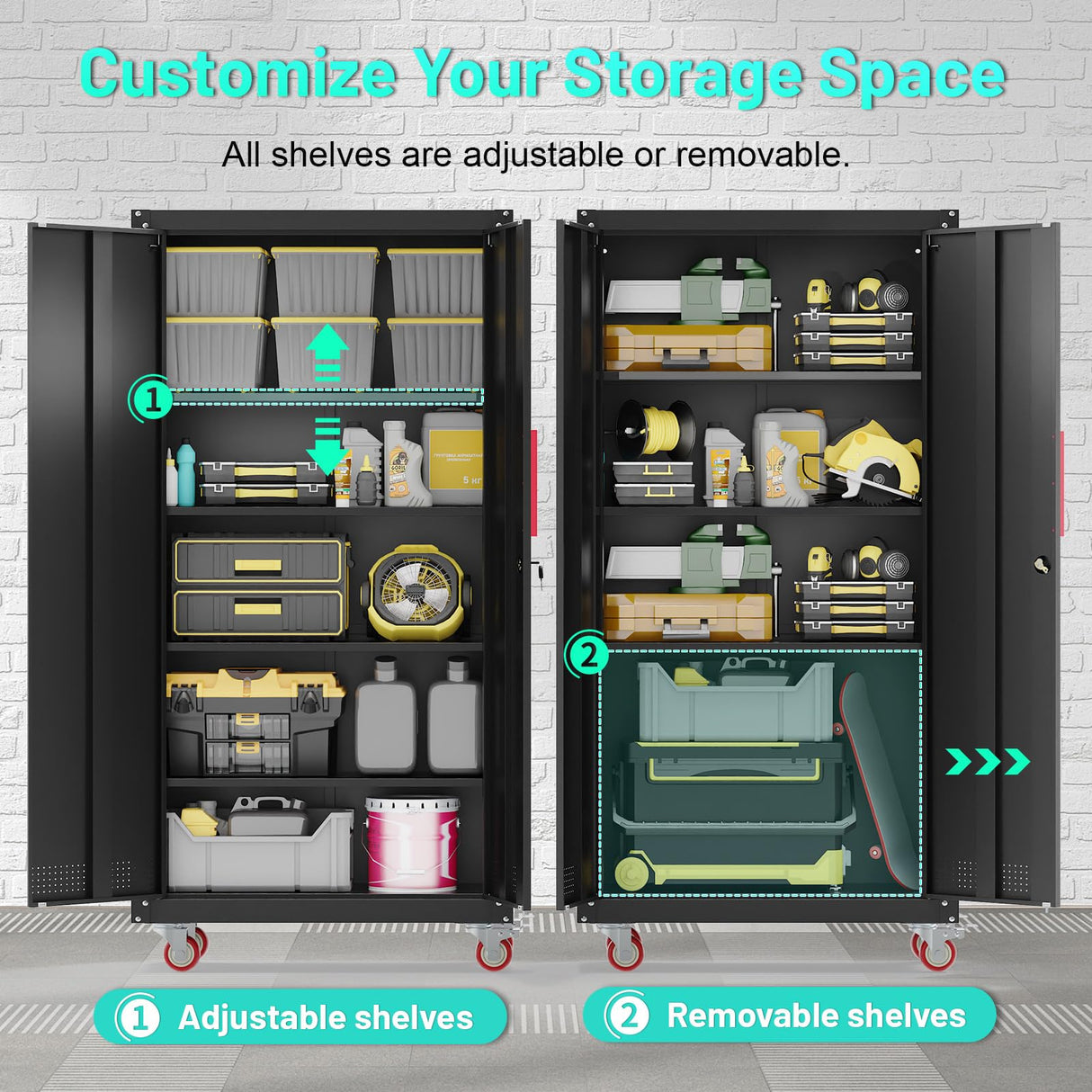 Eltean Metal Garage Cabinets with Wheels| 71" Steel Lockable Garage Storage Cabinet with 4 Adjustable Shelves, Heavy-Duty Tool Storage Cabinet for Home, Basement, Workshop (Black) Eltean