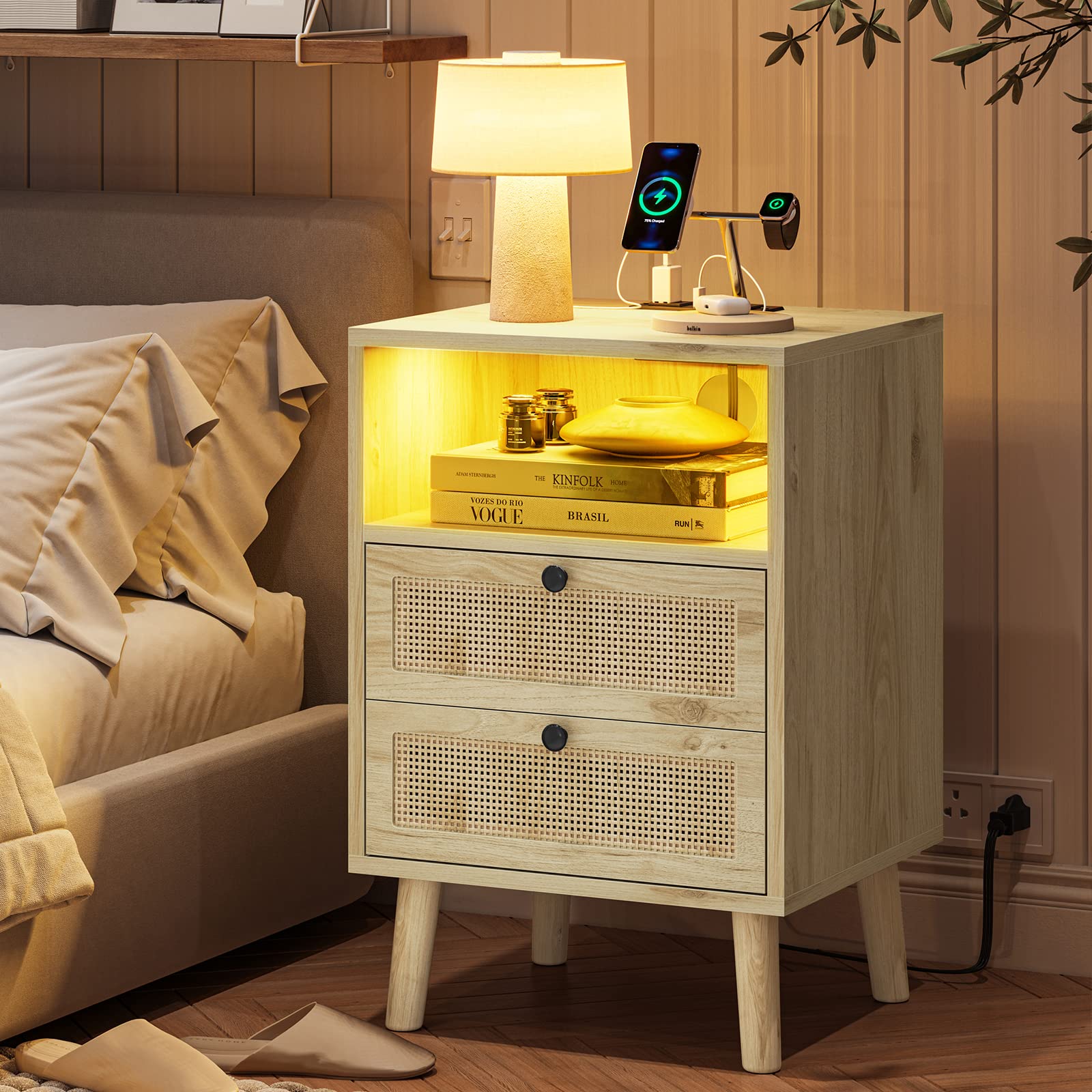 VIAGDO Rattan Nightstands Set of 2 with LED Lights, Night Stand with Charging Station and Storage Drawers, Bedside Tables with Solid Wood Feet, Modern End Side Table for Bedroom, Natural - WoodArtSupply