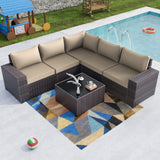 Kullavik Outdoor Patio Furniture Set 6 Pieces Sectional Rattan Sofa Set Brown PE Rattan Wicker Patio Conversation Set with 5 Seat Cushions and 1 Tempered Glass Table,Sand Kullavik