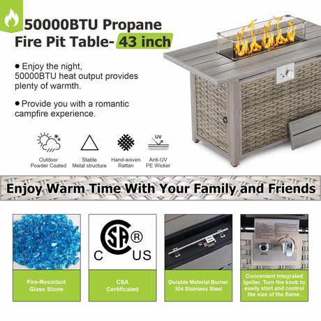 SUNPEAK Patio Furniture Set Q01 Series Sofa 7 Pieces Outdoor Furniture Set Sectional Couch with Fire Pit Table Balcony Furniture Patio Table and Chairs Set with Propane Fire Pit SUNPEAK