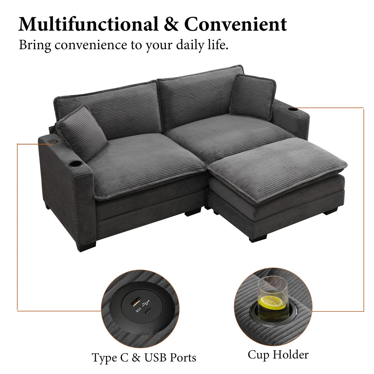 82.7" L Shaped Sectional Sofa with Cup Holders & USB Ports, Modern Loveseat Cloud Couch with Ottoman for Living Room, Apartment, Small Spaces, Grey Corduroy Tmsan