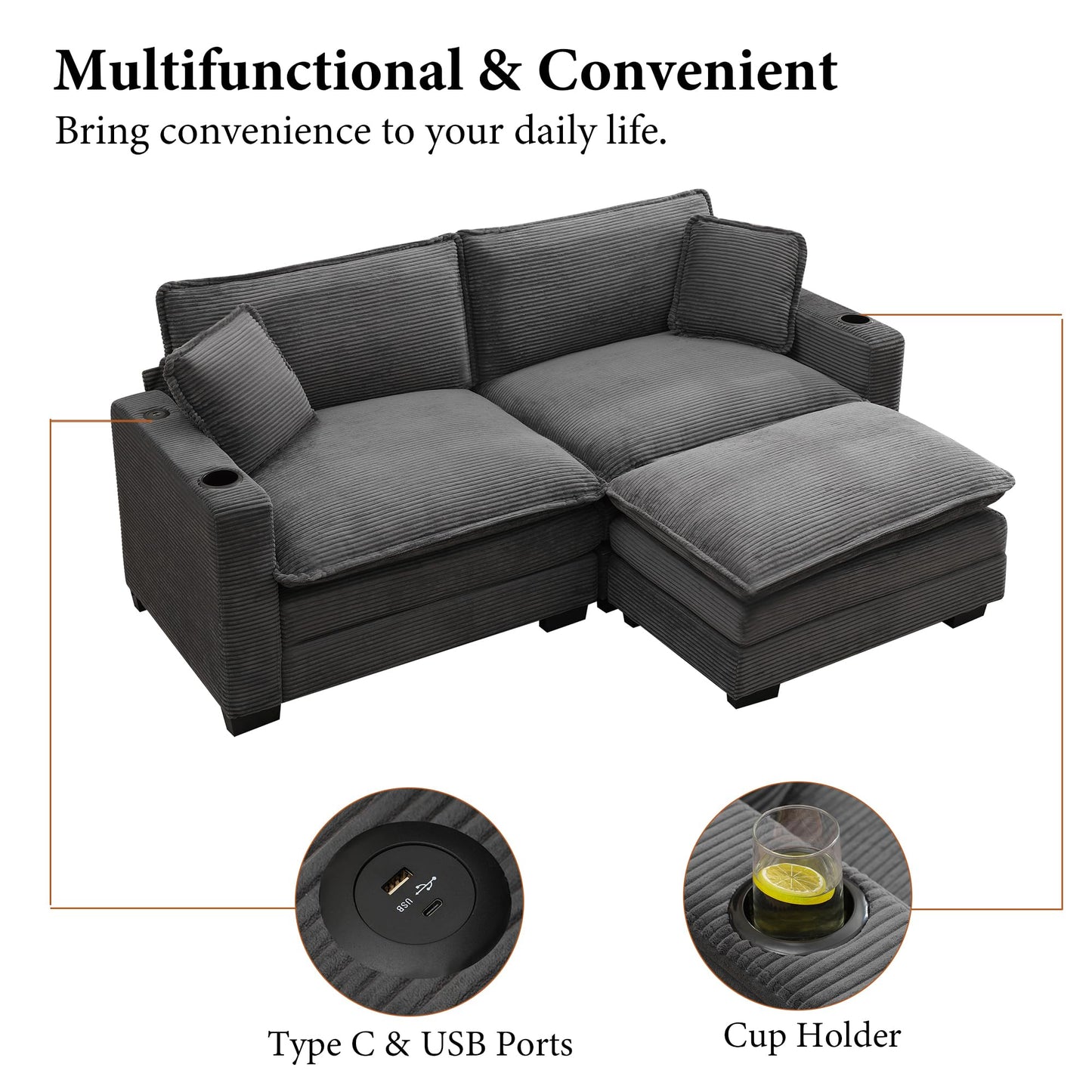 82.7" L Shaped Sectional Sofa with Cup Holders & USB Ports, Modern Loveseat Cloud Couch with Ottoman for Living Room, Apartment, Small Spaces, Grey Corduroy