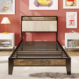 LIKIMIO Twin XL Bed Frame with Storage Headboard and Charging Station - Stylish Walnut and Beige Design LIKIMIO