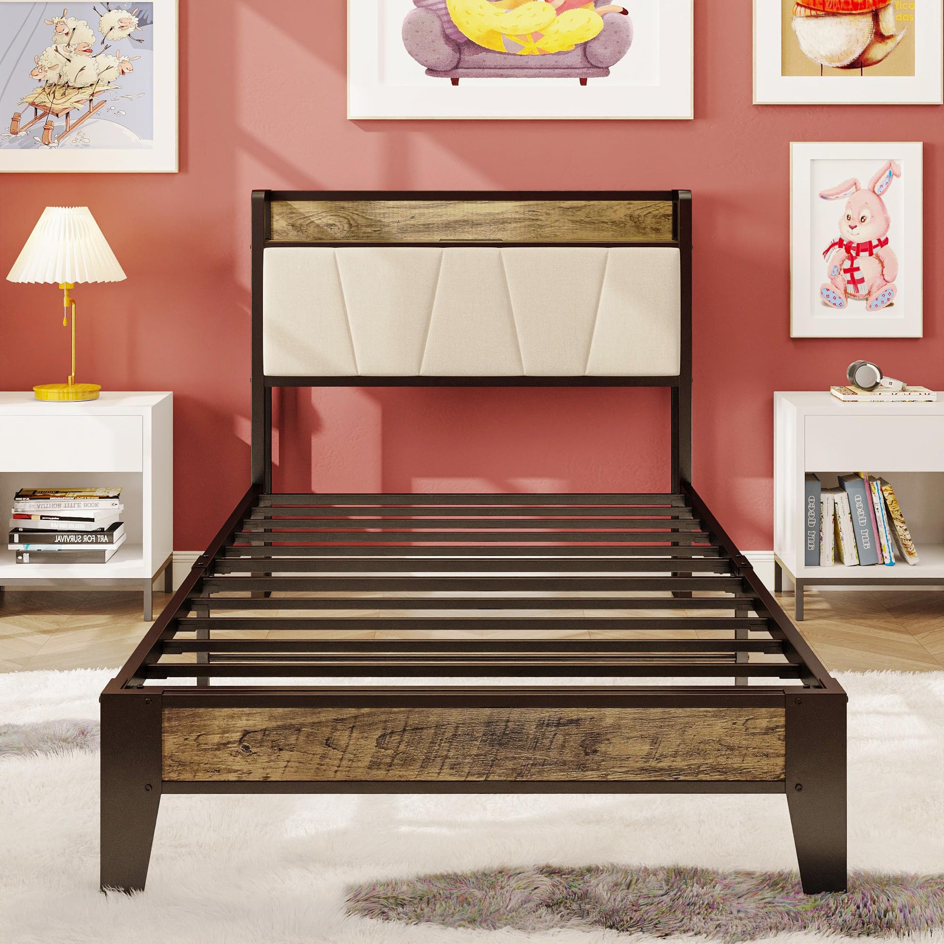 LIKIMIO Twin XL Bed Frame with Storage Headboard and Charging Station - Stylish Walnut and Beige Design - WoodArtSupply