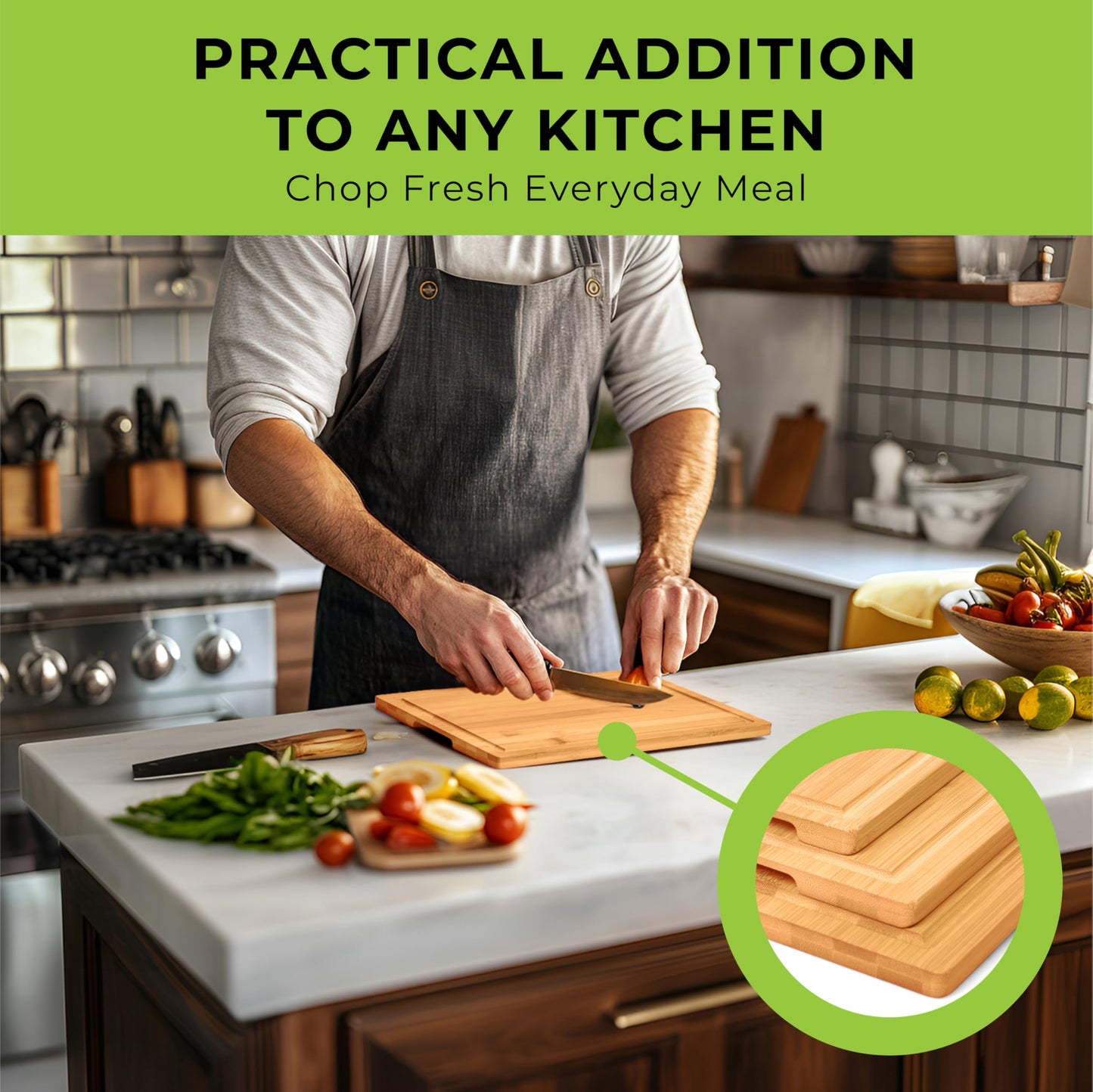 Prosumers Choice Bamboo Cutting Board Set - Chopping Boards for Kitchen Meal Prep - Set of 3 - Built-In Side Handles, Serving Tray, Cheese Platter - Meat Cutting Boards