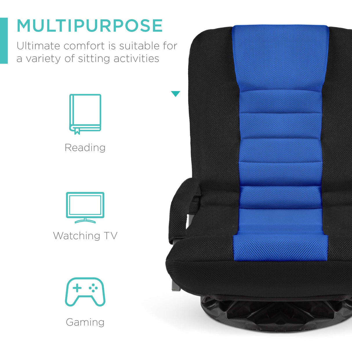 Best Choice Products Swivel Gaming Chair 360 Degree Multipurpose Floor Chair Rocker for TV, Reading, Playing Video Games w/Lumbar Support, Armrest Handles, Adjustable Foldable Backrest - Black/Blue Best Choice Products