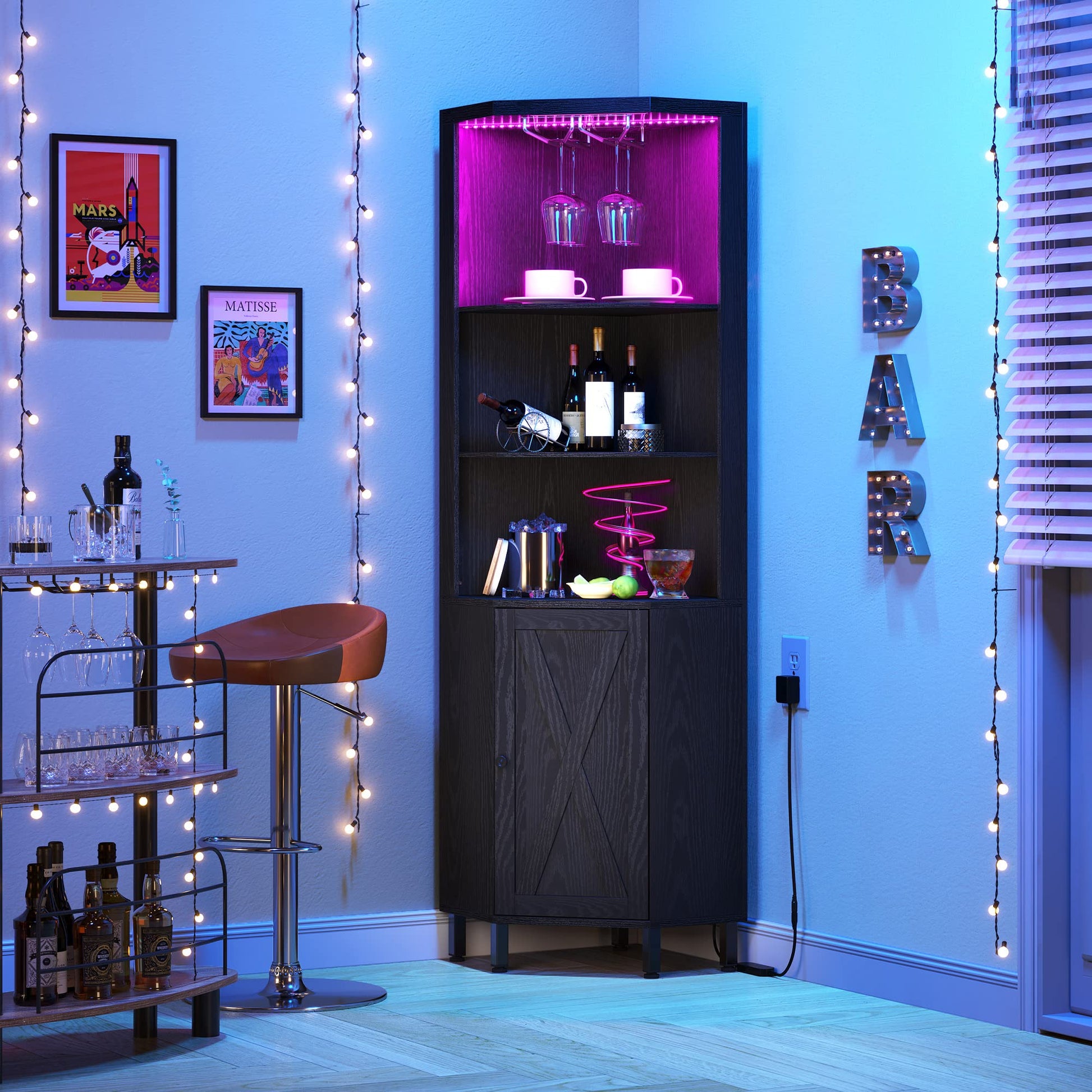 YITAHOME Black Corner Bar Cabinet with LED Lighting, Glass Holder & 5-Tier Storage Shelves - WoodArtSupply