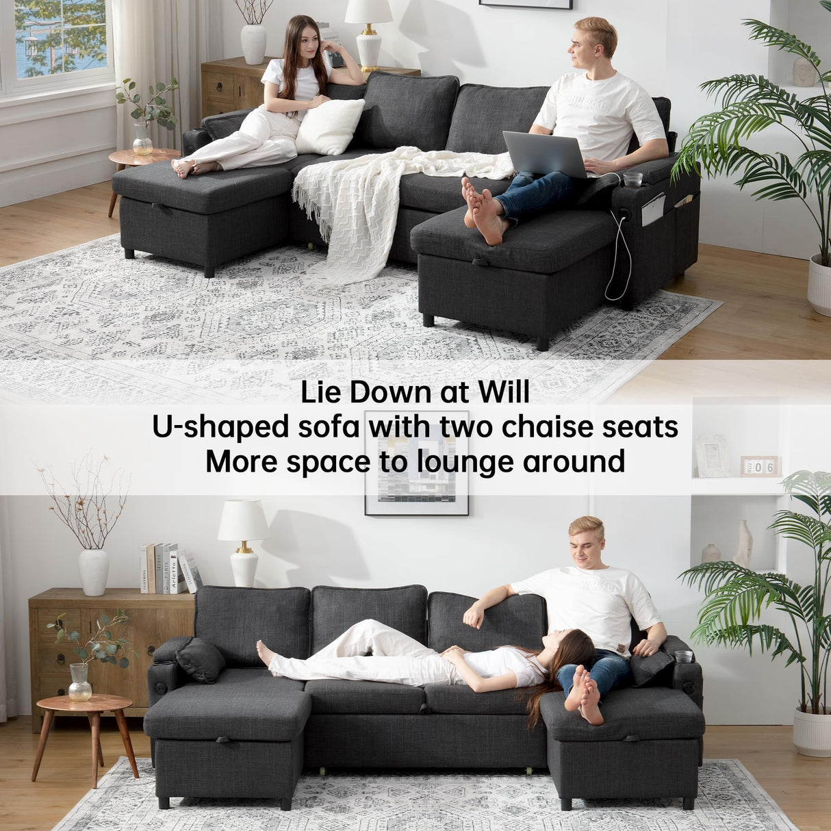 DURASPACE Sofa Bed Sleeper Sofa Pull Out Couch with Double Storage Chaise, Sectional for Living Room, U Shaped Couch with Removable Covers (Dark Gray) DURASPACE