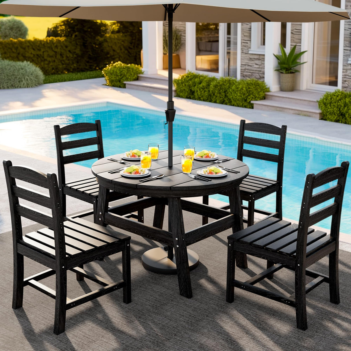 PamapicLife 5 Piece Round Outdoor Dining Set, Relaxing HDPE Outdoor Table and Chairs with 105° Ergonomic Backrest, All-Weather Patio Table and Chairs Set with Umbrella Hole for Porch, Poolside, Black PamapicLife