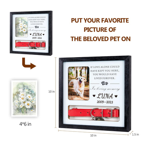 Pet Memorial Picture Frame Dog Collar Shadow Box 10"x10", Sympathy Remembrance Gift Keepsake for Loss of Dog or Cat, for Medium or Small Size Collars HKBS
