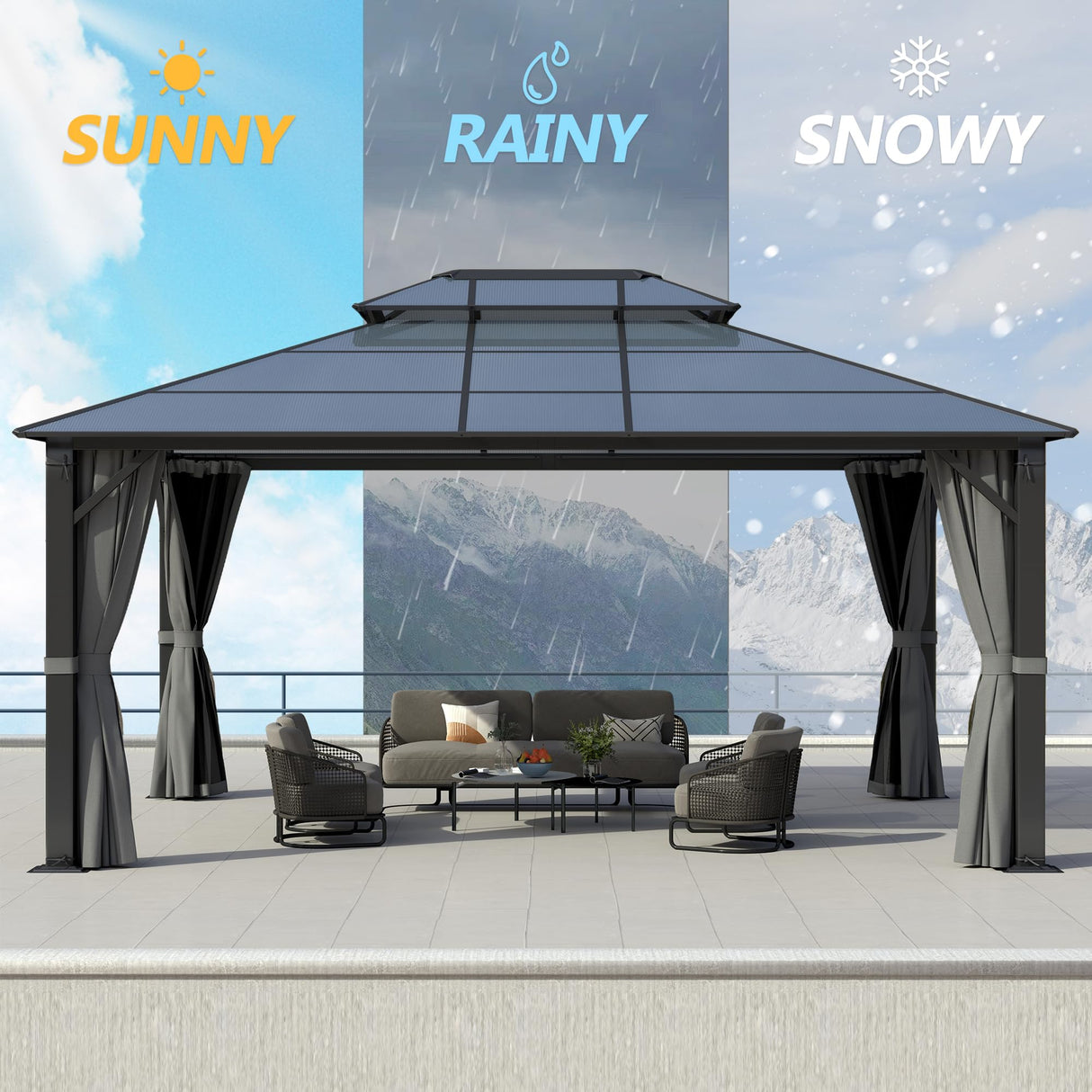 GARTOO 12x16FT Polycarbonate Hardtop Gazebo with Double Roof - Heavy-Duty Steel Frame Gazebo with Breathable Netting & Privacy Curtain for Patio, Porch, Garden, Lawn, Deck, Backyard GARTOO