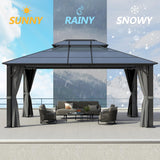 GARTOO 12x16FT Polycarbonate Hardtop Gazebo with Double Roof - Heavy-Duty Steel Frame Gazebo with Breathable Netting & Privacy Curtain for Patio, Porch, Garden, Lawn, Deck, Backyard GARTOO