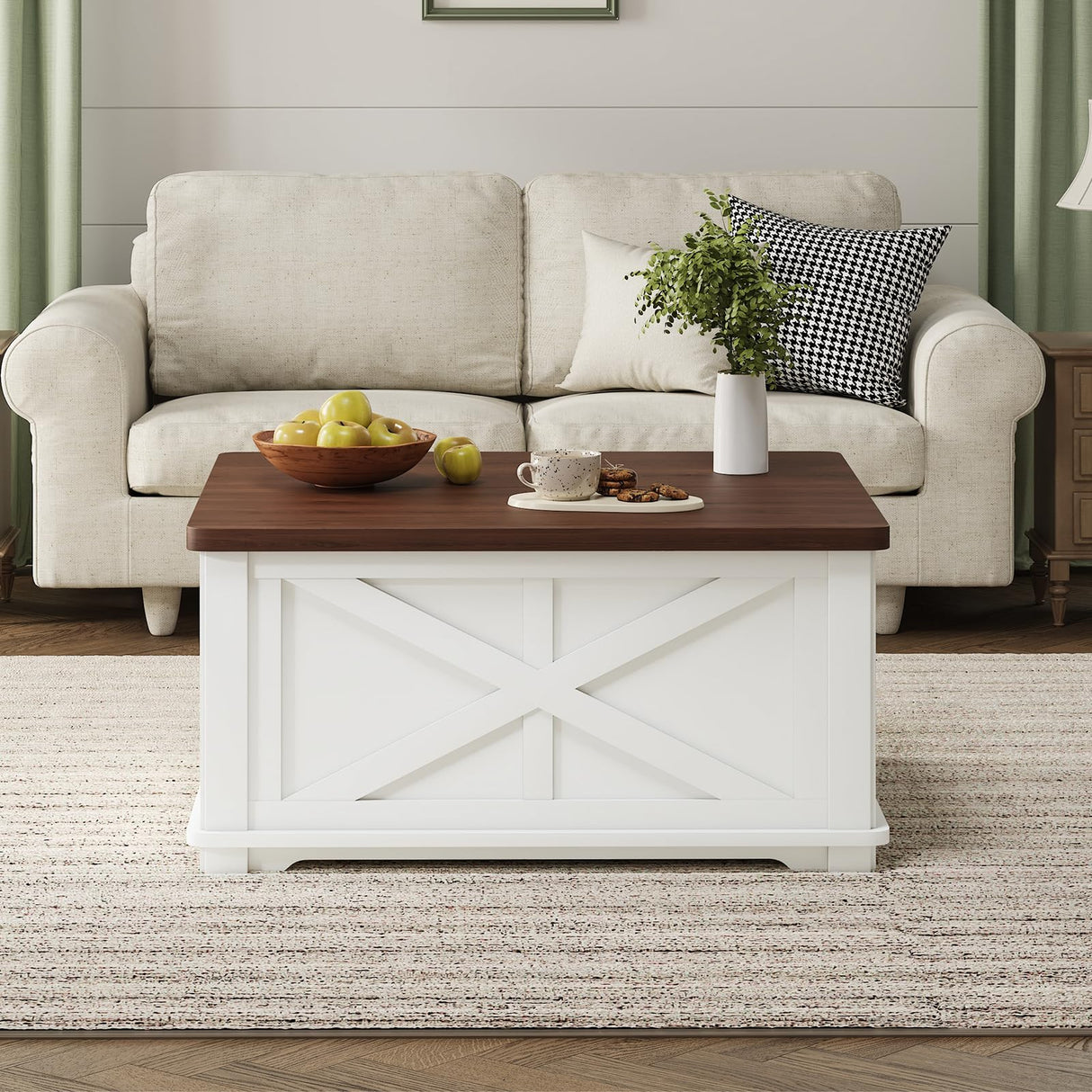 Airynee Farmhouse Coffee Table with Hydraulic Lifter, Square Coffee Table with Large Hidden Storage Compartment for Living Room, Wooden Coffee Tables with Brown Flip-Top Lids for Home Office, White Airynee