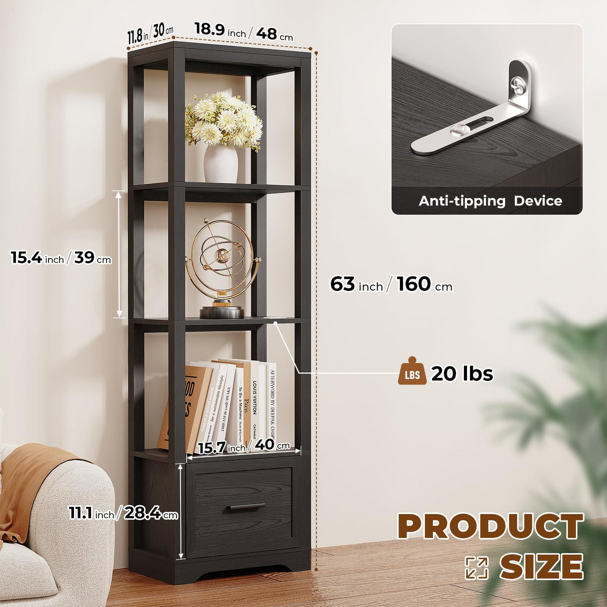 BROTTAR Display Shelf with 3 Color Light, Bookshelf with Drawer, Dimmable LED Floor Lamp with Shelves, Display Case, Display Standing Shelf Unit for Bedroom, Living Room, Black BROTTAR