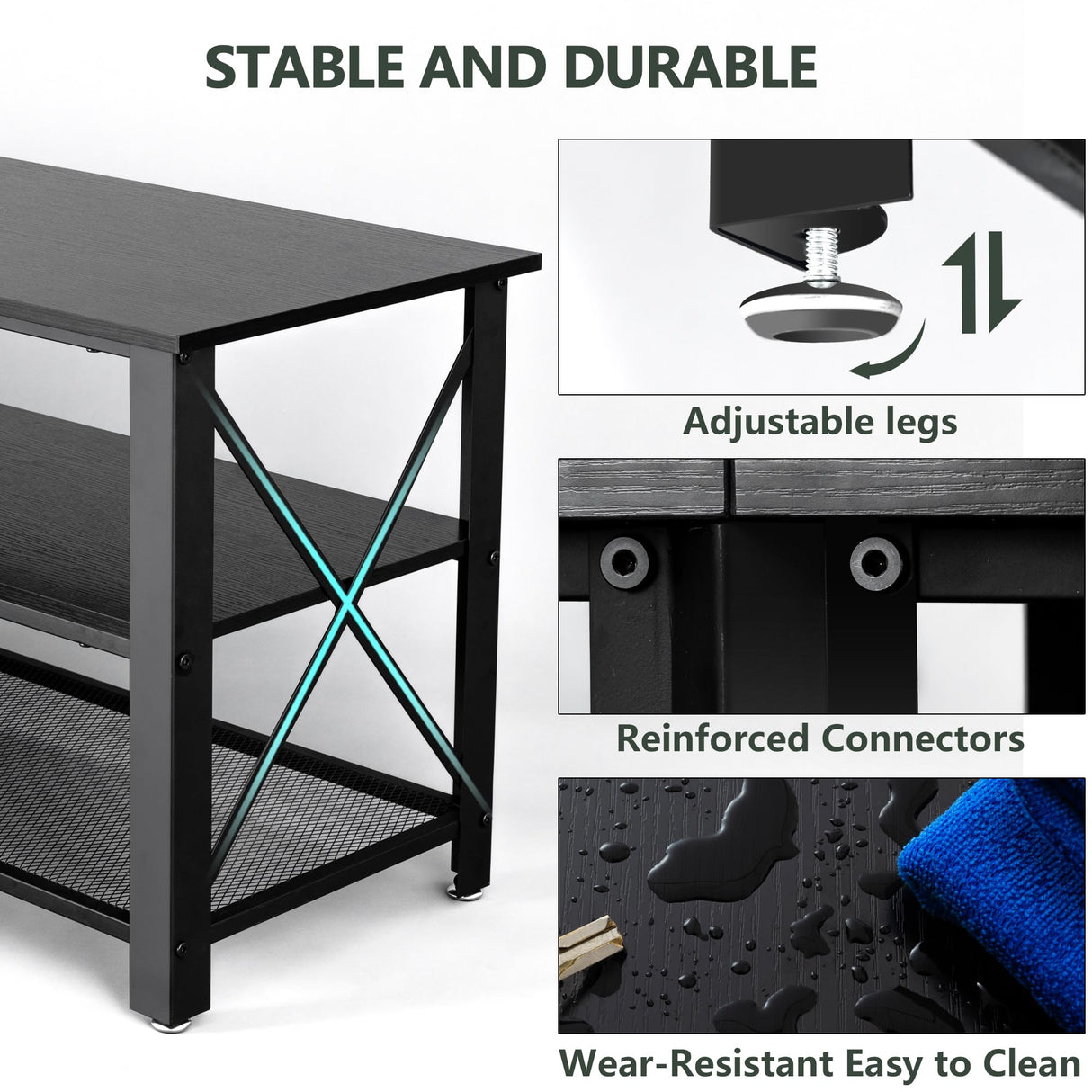 Clikuutory Modern Black 63 inch Metal TV Stand with LED Lights and Power Outlets for 40 50 55 60 65 70 Inch TVs, 3 Tier Television Stands with Entertainment Center and Storage for Living Room, Bedroom Clikuutory