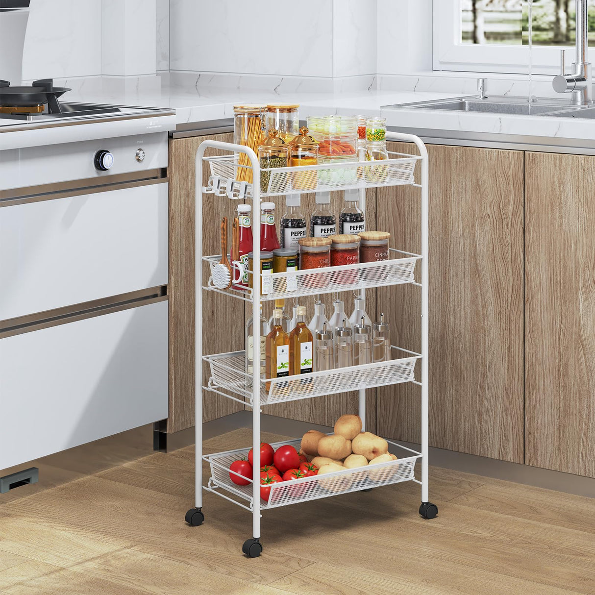 TOOLF 4-Tier Rolling Cart, Metal Utility Cart with 3 Hooks, Easy Assemble Mobile Storage Trolley On Wheels, Metal Shelving Units Kitchen Bathroom Laundry Room TOOLF