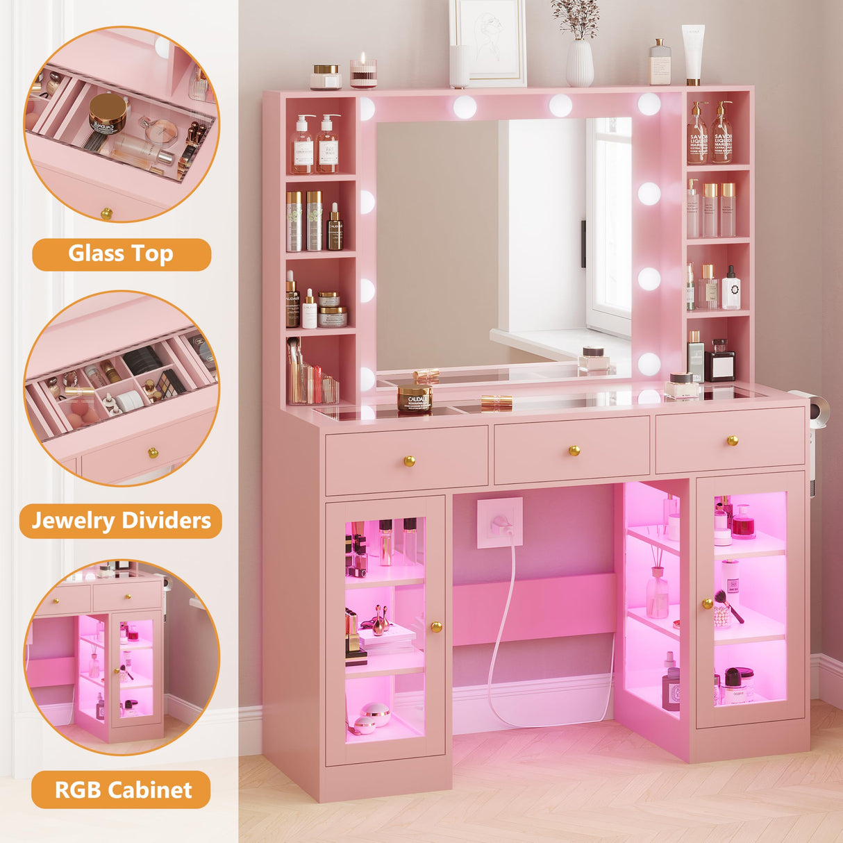 HUANLEGO Pink Vanity Desk with Mirror and Lights, Glass Top Vanity with Lighted Mirror & RGB Glass Cabinet and 3 Drawers, Makeup Vanity Desk with Lights Dressing Table for Bedroom, 3 Color Modes HUANLEGO
