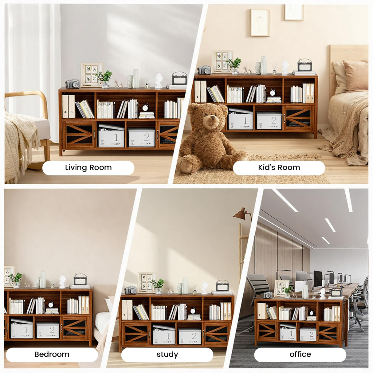 DUDUSHIMAN 8 Cube Storage Organizer Bookshelf with 2 Doors, 2-Tier Mid Century Modern Bookcase, 63" Long Horizontal Cubby Shelf, Wood Bookcase for Small Spaces Living Room DUDUSHIMAN