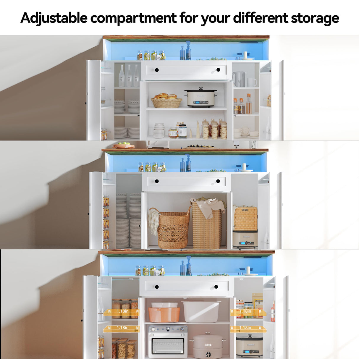 FJTJBSI 55" Buffet Cabinet with Power Outlets and Lights Large Kitchen Sideboard Buffet with Drawers Farmhouse Kitchen Storage Cabinet with Adjustable Shelves Coffee Bar Station for Coffee Bar Room FJTJBSI