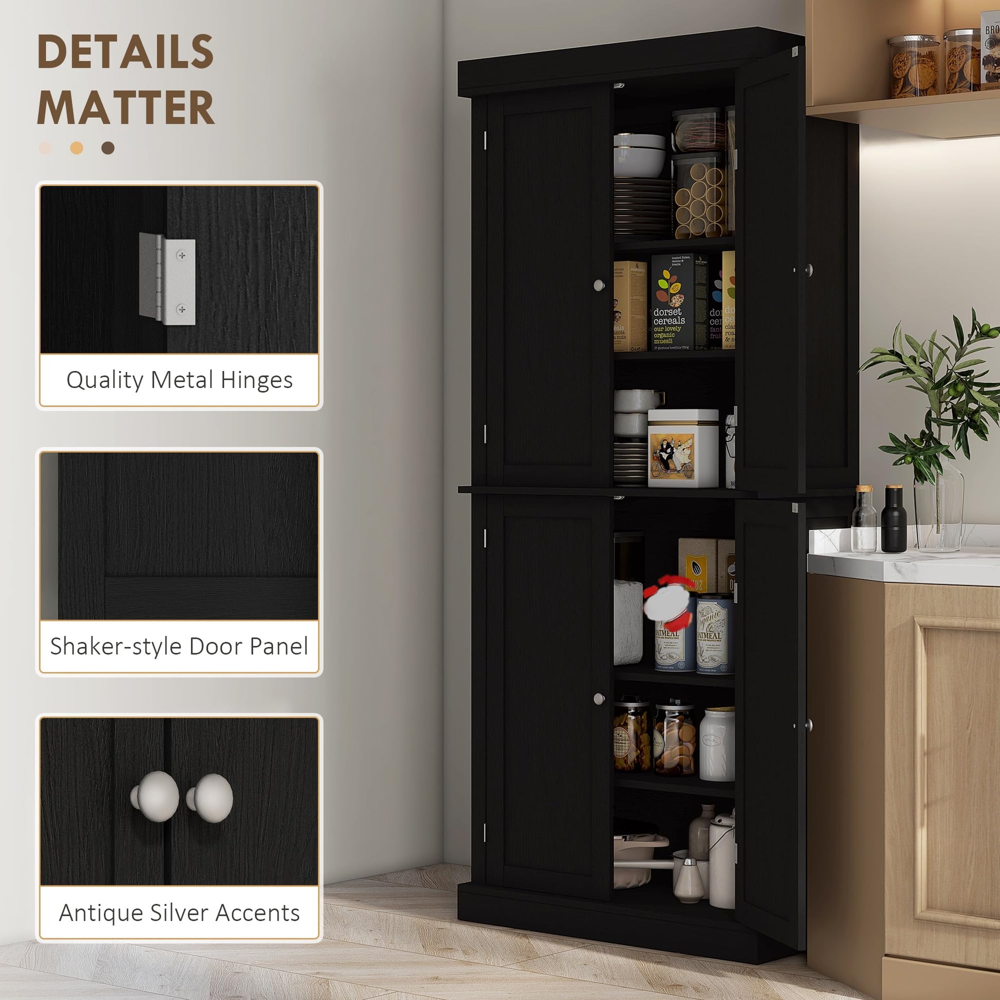 HOMCOM 72.5" Freestanding Kitchen Pantry Cabinet, Tall Storage Cabinet with 4 Doors and 2 Adjustable Shelves for Dining Room, Black Wood Grain - WoodArtSupply