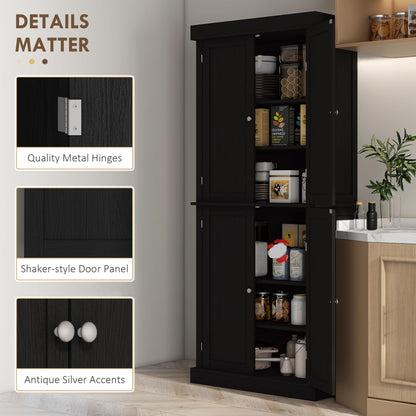 HOMCOM 72.5" Freestanding Kitchen Pantry Cabinet, Tall Storage Cabinet with 4 Doors and 2 Adjustable Shelves for Dining Room, Black Wood Grain - WoodArtSupply