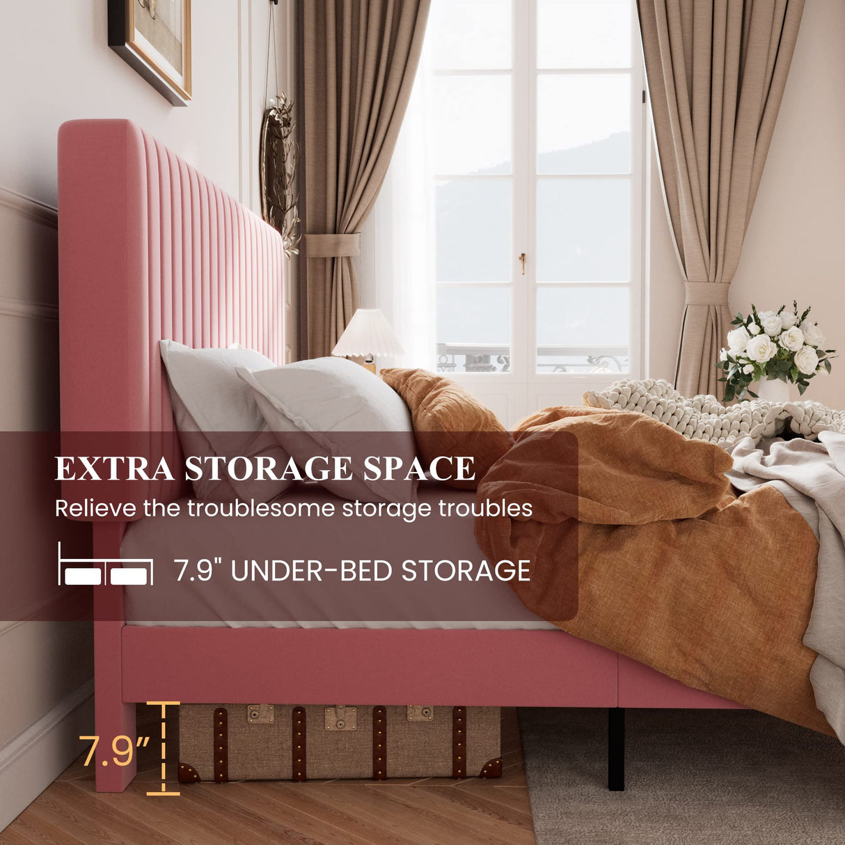 SHA CERLIN King Upholstered Platform Bed Frame with Adjustable Headboard/Vertical Channel Tufted Velvet Fabric/Wooden Slats Support/Mattress Foundation/Box Spring Optional/Pink SHA CERLIN