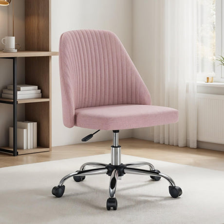 Simple Deluxe Armless Office Desk Chair, Modern Cute Swivel Vanity Chair Comfy Home Office Chairs with Wheels Height Adjustable Rolling Computer Task Stools for Living Room, Make-up, Bedroom, Pink Simple Deluxe