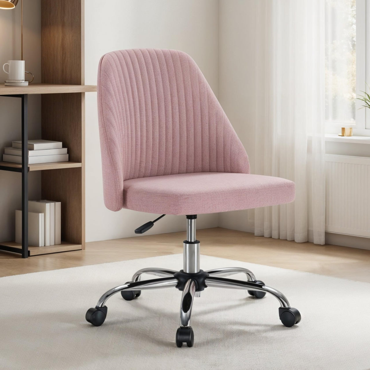 Simple Deluxe Armless Office Desk Chair, Cute Swivel Vanity Chair with Mid Back, Comfy Office Chairs with Rolling Wheels, Adjustable Computer Task Chair for Adults, Make-up, Dressing Room, Pink Simple Deluxe