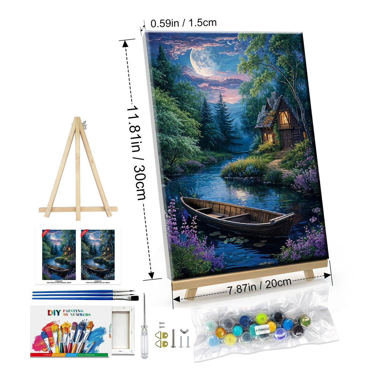 ATDMS Landscape Paint by Numbers Kit for Adult with Easel DIY Cabin Paint by Number with Frame Lake House Digital Oil Painting Kits for Wall Hanging Home Room Decor 7.87x11.81 Inch ATDMS
