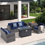 Super Patio 8 Pieces Outdoor Patio Furniture Set with 45” Fire Pit Table, Rattan Patio Conversation Sets with 50000 BTU Gas Fire Pit, Sectional Sofa Set with Storage Box, Navy Blue (Without Table) Super Patio