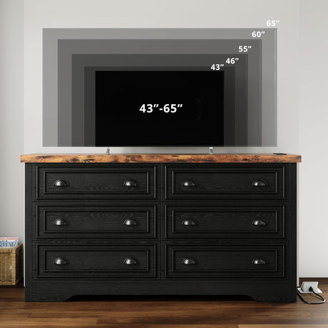 LIKIMIO 59" 6 Drawers Dresser for Bedroom, Power Strip, Farmhouse Large Wood Dressers & Chest of Drawers with Wide Storage Cabinet, Rustic Brown & Black LIKIMIO