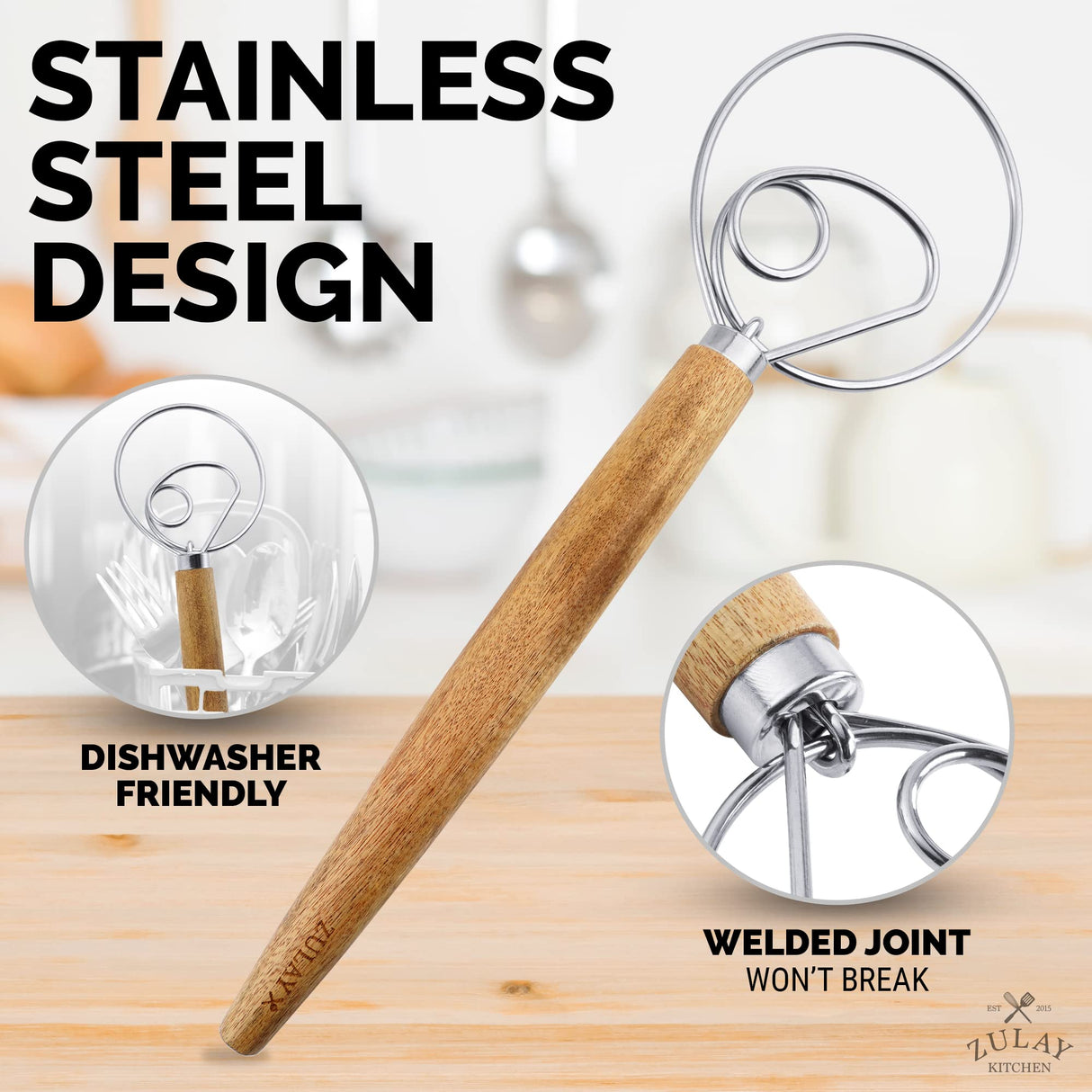 Zulay Kitchen 13 Inch Danish Dough Whisk - Large Wooden Danish Whisk For Dough With Stainless Steel Ring - Traditional Dutch Whisk Baking Tool For Bread, Batter, Cake, Pastry (Acacia Wood) Zulay Kitchen