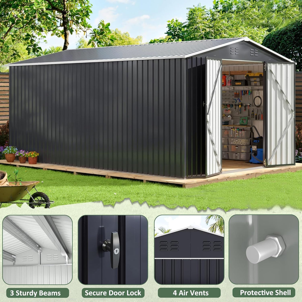 WKM 10x14 FT Outdoor Storage Shed, Utility Metal Tool Storage with Lockable Doors and Updated Frame Structure, Metal Garden Shed for Backyard, Patio Lawn, Black WKM